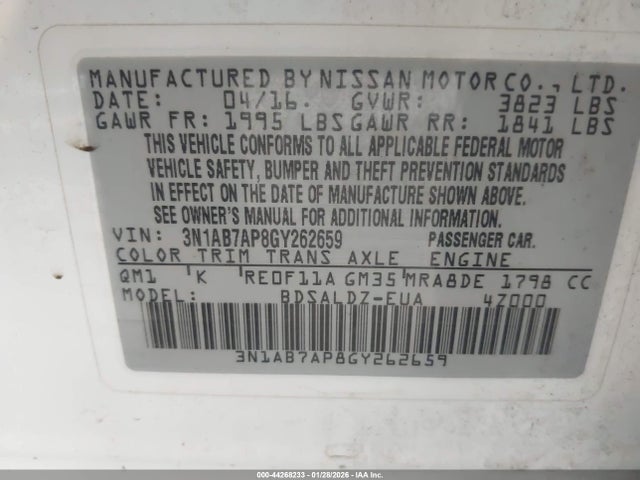 3N1AB7AP8GY262659 Nissan Sentra Fe+ S/s/sl/sr/sv