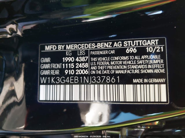 W1K3G4EB1NJ337861 Mercedes-Benz A