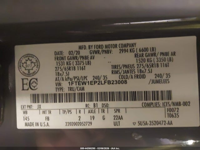 Aukcja sprzedaży 2020 Ford F-150 Xlt, vin: 1FTEW1EP2LFB23008, numer aukcji: 44268295