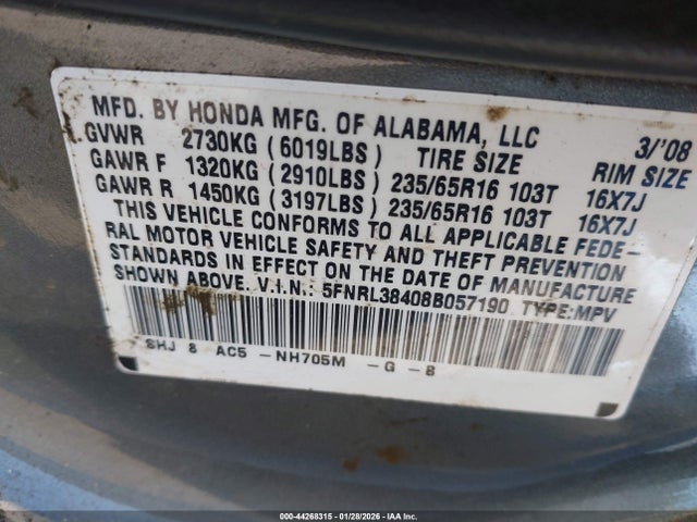 2008 Honda Odyssey Ex მანქანა იყიდება აუქციონზე, vin: 5FNRL38408B057190, აუქციონის ნომერი: 44268315