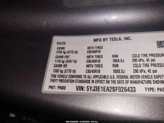 2025 Tesla Model 3 Long Range Rear-wheel Drive/standard Rear-wheel Drive მანქანა იყიდება აუქციონზე, vin: 5YJ3E1EA2SF026433, აუქციონის ნომერი: 44268350