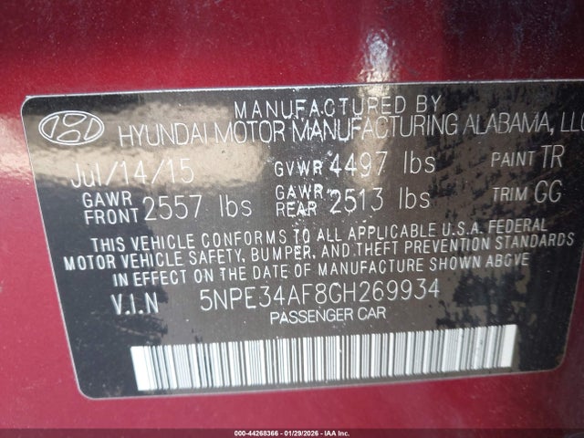 44268366 :رقم المزاد ، 5NPE34AF8GH269934 vin ، 2016 Hyundai Sonata Sport مزاد بيع