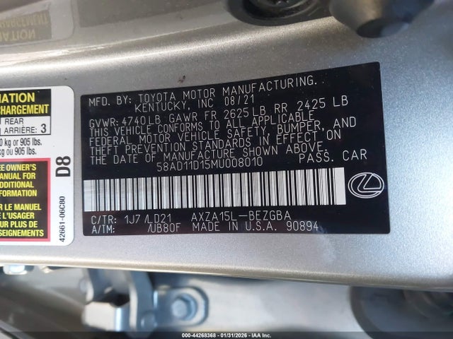 Aukcja sprzedaży 2021 Lexus Es 250, vin: 58AD11D15MU008010, numer aukcji: 44268368
