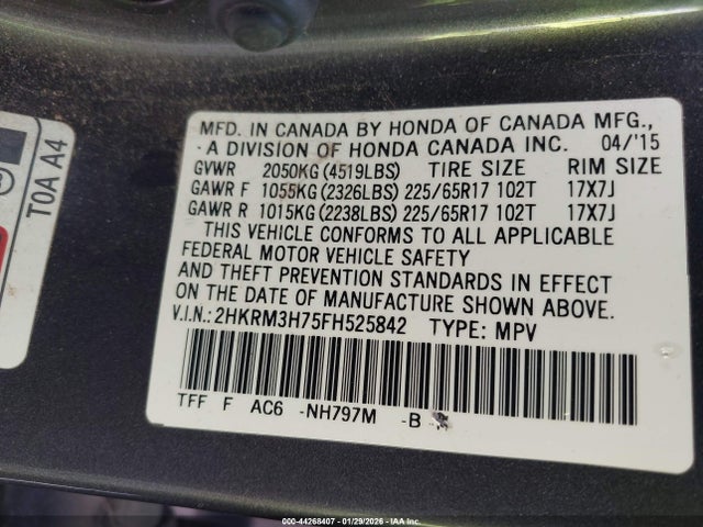 2HKRM3H75FH525842 Honda Cr-v Ex-l