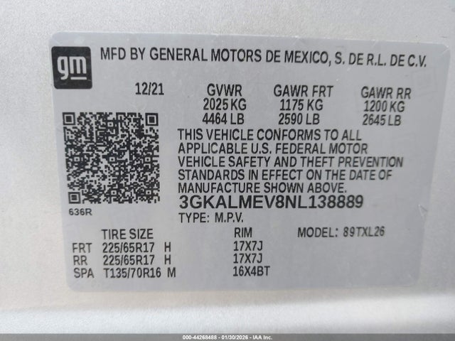 Aukcja sprzedaży 2022 Gmc Terrain Fwd Sle, vin: 3GKALMEV8NL138889, numer aukcji: 44268488