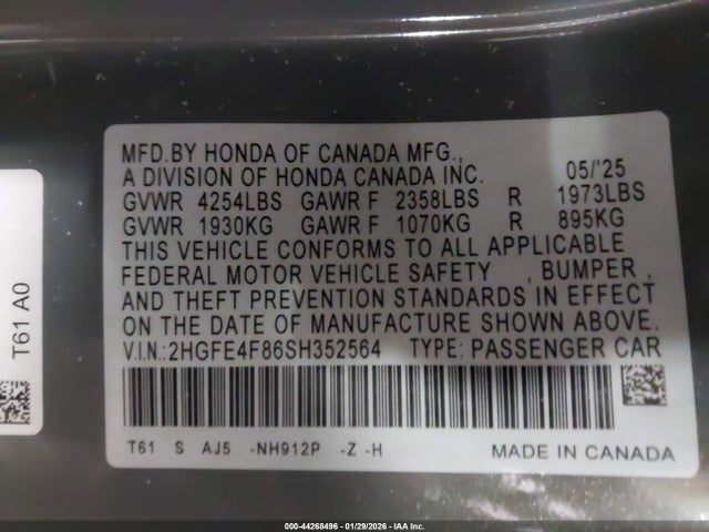 Продажа на аукционе авто 2025 Honda Civic Hybrid Sport/sport Touring, vin: 2HGFE4F86SH352564, номер лота: 44268496