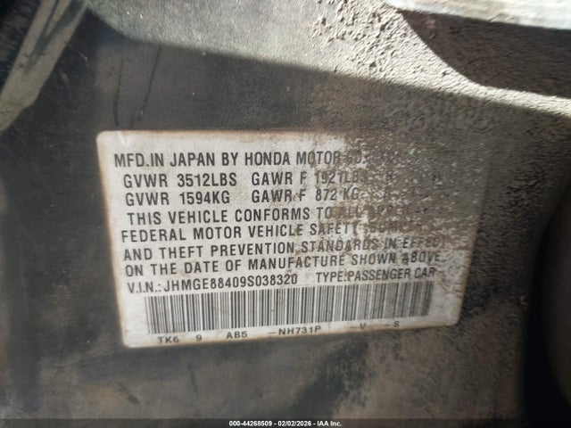 2009 Honda Fit Sport მანქანა იყიდება აუქციონზე, vin: JHMGE88409S038320, აუქციონის ნომერი: 44268509