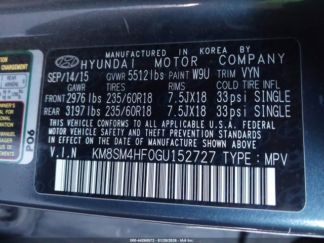 KM8SM4HF0GU152727 Hyundai Santa Fe Se