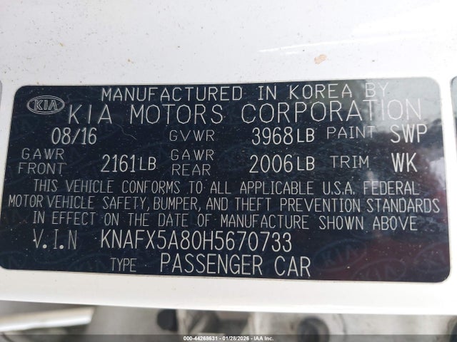 KNAFX5A80H5670733 KIA FORTE EX