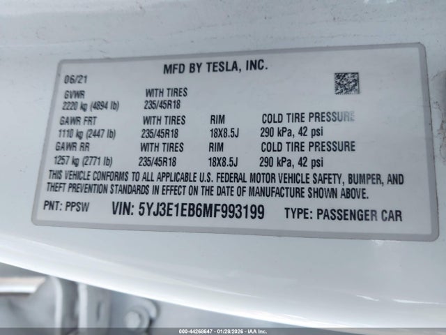 44268647 :رقم المزاد ، 5YJ3E1EB6MF993199 vin ، 2021 Tesla Model 3 Long Range Dual Motor All-wheel Drive مزاد بيع