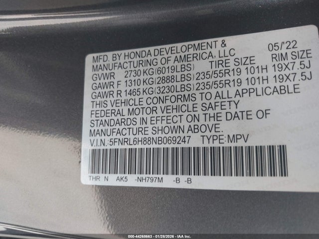 5FNRL6H88NB069247 Honda Odyssey Touring