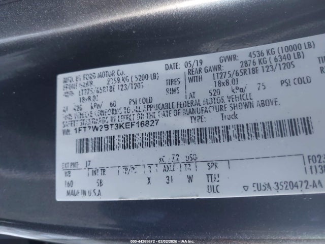 1FT7W2BT3KEF16827 Ford F-250 Lariat