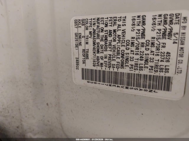 JN8AS5MV4EW711839 Nissan Rogue Select S