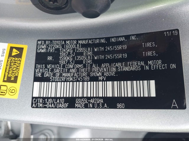 5TDDZRFH9KS745189 Toyota Highlander Limited