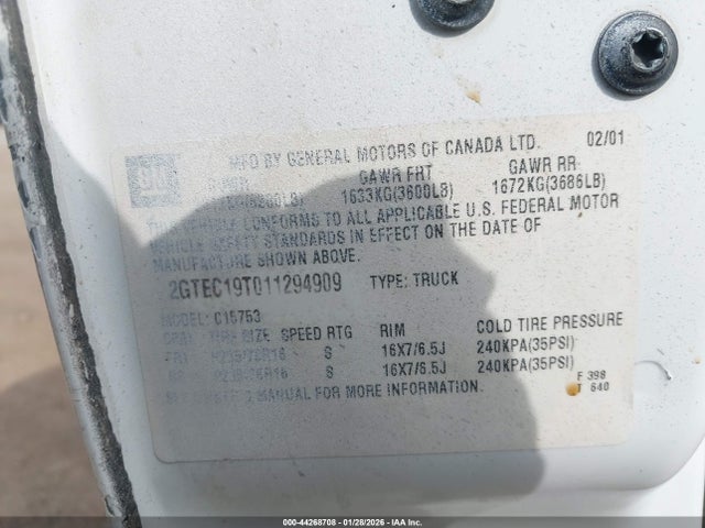 Продаж на аукціоні авто 2001 Gmc Sierra 1500 Sle, vin: 2GTEC19T011294909, номер лоту: 44268708