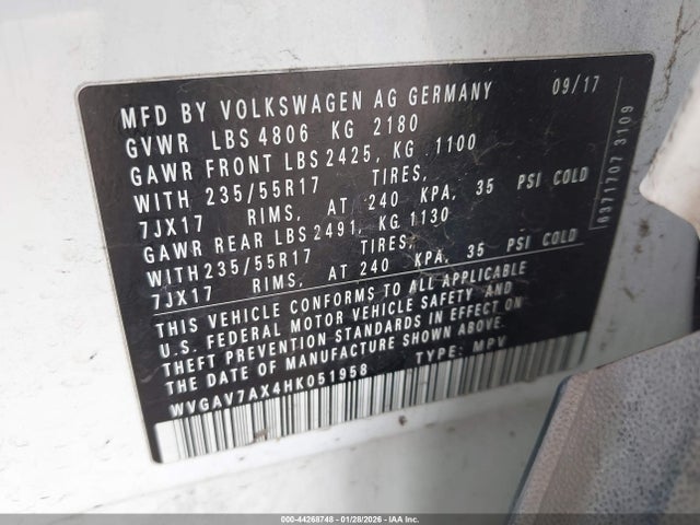 Продаж на аукціоні авто 2017 Volkswagen Tiguan 2.0t/2.0t S, vin: WVGAV7AX4HK051958, номер лоту: 44268748