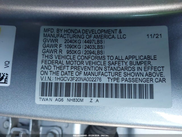 1HGCV3F20NA002276 Honda Accord Hybrid Sport