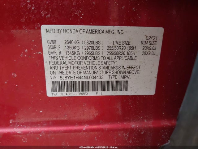44268934 :رقم المزاد ، 5J8YE1H44NL004433 vin ، 2022 Acura Mdx Technology Package مزاد بيع
