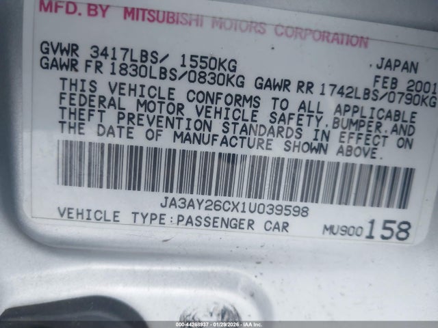 2001 MITSUBISHI MIRAGE JA3AY26CX1U039598 Photo 8