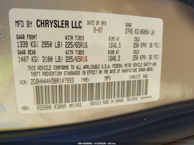 44268952 :رقم المزاد ، 2D8HN44H38R147993 vin ، 2008 Dodge Grand Caravan Se مزاد بيع