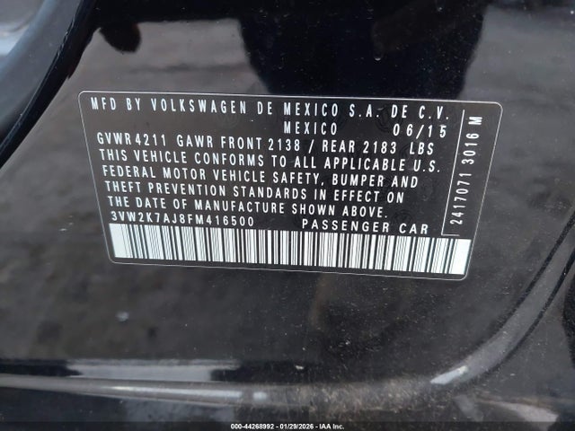 3VW2K7AJ8FM416500 Volkswagen Jetta 2.0l S