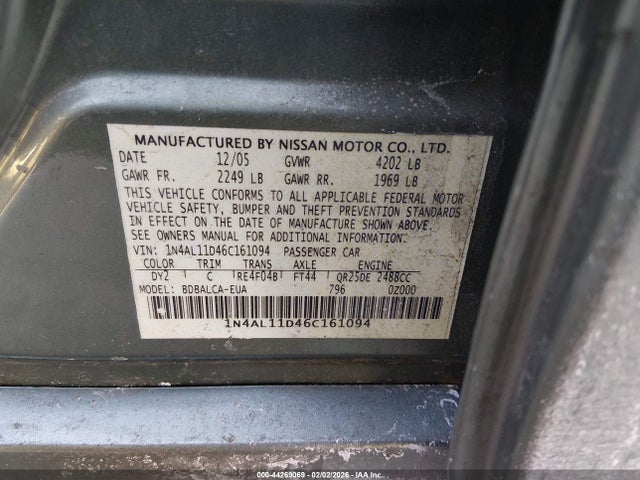 Продажа на аукционе авто 2006 Nissan Altima 2.5 S, vin: 1N4AL11D46C161094, номер лота: 44269069