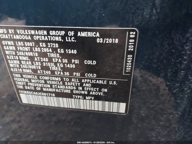 1V2KR2CA9JC561715 Volkswagen Atlas 3.6l V6 Se