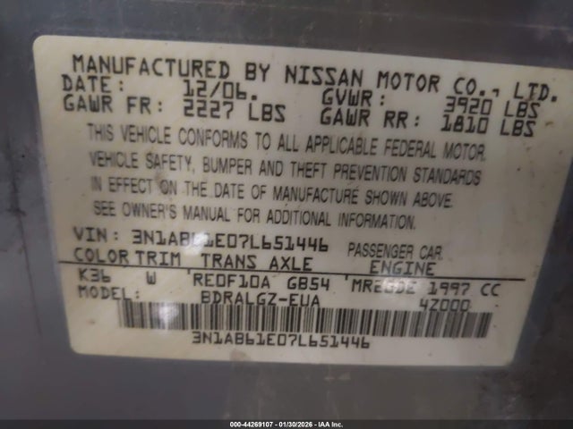 2007 Nissan Sentra 2.0sl მანქანა იყიდება აუქციონზე, vin: 3N1AB61E07L651446, აუქციონის ნომერი: 44269107