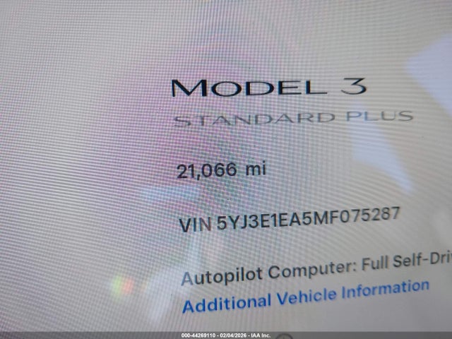 5YJ3E1EA5MF075287 Tesla Model 3 Standard Range Plus Rear-wheel Drive