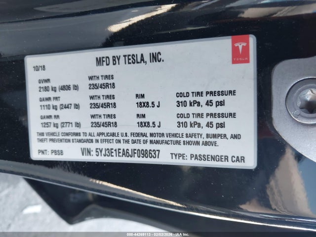 Aukcja sprzedaży 2018 Tesla Model 3 Long Range/mid Range, vin: 5YJ3E1EA6JF098637, numer aukcji: 44269113