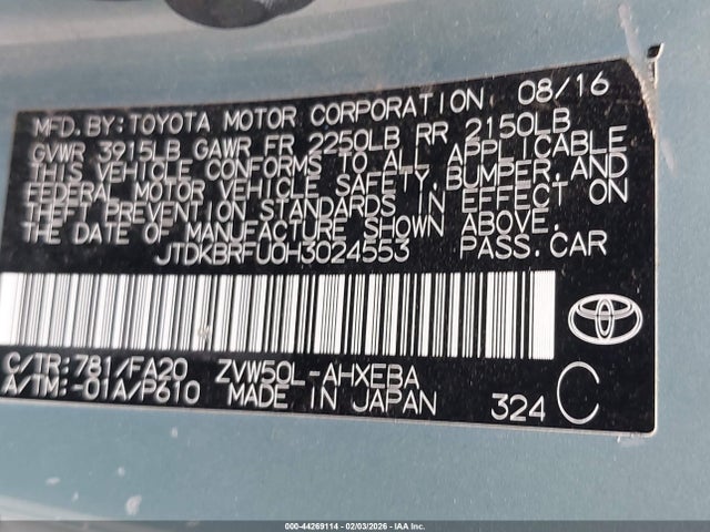 JTDKBRFU0H3024553 Toyota Prius Two