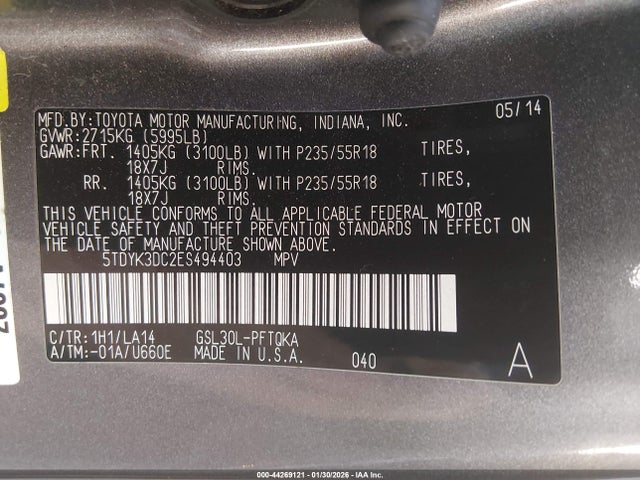 2014 TOYOTA SIENNA 5TDYK3DC2ES494403 Photo 8