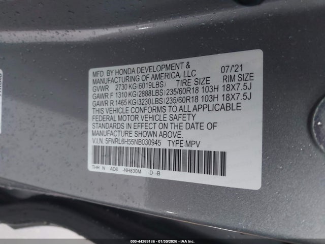 5FNRL6H55NB030945 Honda ODYSSEY EX