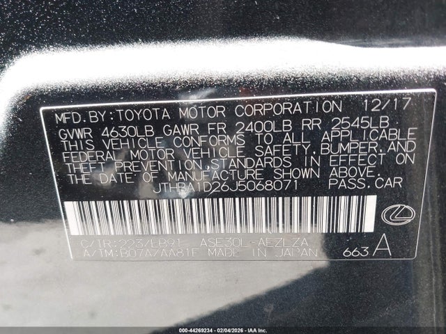 2018 Lexus Is 300 მანქანა იყიდება აუქციონზე, vin: JTHBA1D26J5068071, აუქციონის ნომერი: 44269234