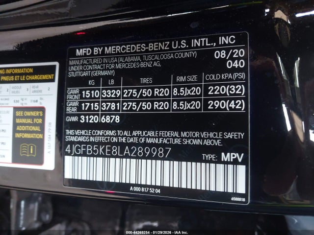 Aukcja sprzedaży 2020 Mercedes-benz Gle 450 4matic, vin: 4JGFB5KE8LA289987, numer aukcji: 44269254