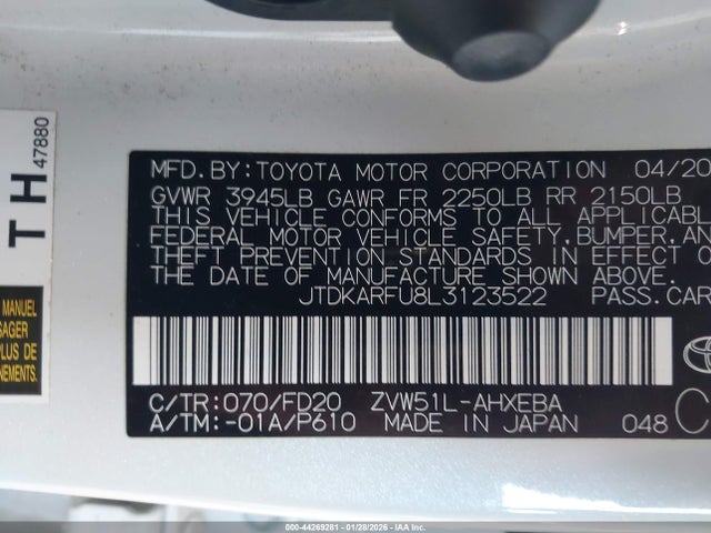 JTDKARFU8L3123522 Toyota Prius Le