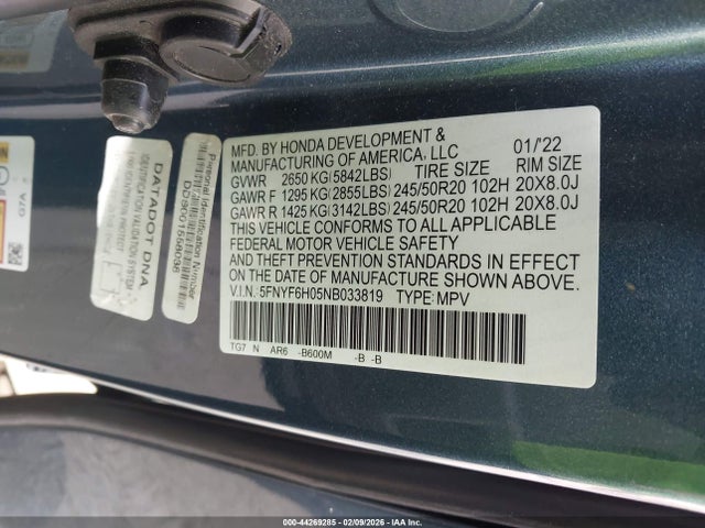 Honda Pilot Awd Elite 2022 5FNYF6H05NB033819 Image 9