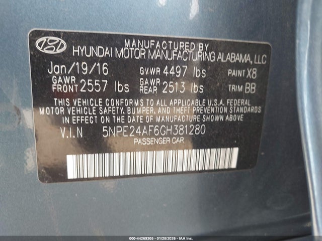 5NPE24AF6GH381280 Hyundai SONATA SE