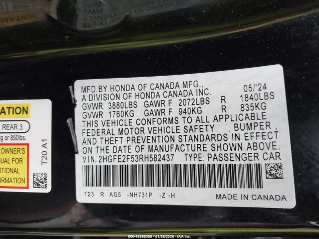 Honda Civic Sport 2024 2HGFE2F53RH582437 Image 9