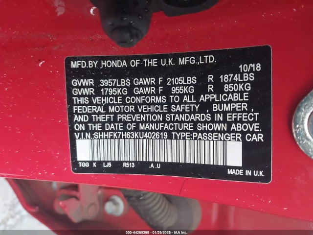 SHHFK7H63KU402619 Honda CIVIC EX