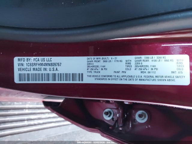 Продаж на аукціоні авто 2021 Ram 1500 Limited  4x4 5'7 Box, vin: 1C6SRFHM4MN809767, номер лоту: 44269393