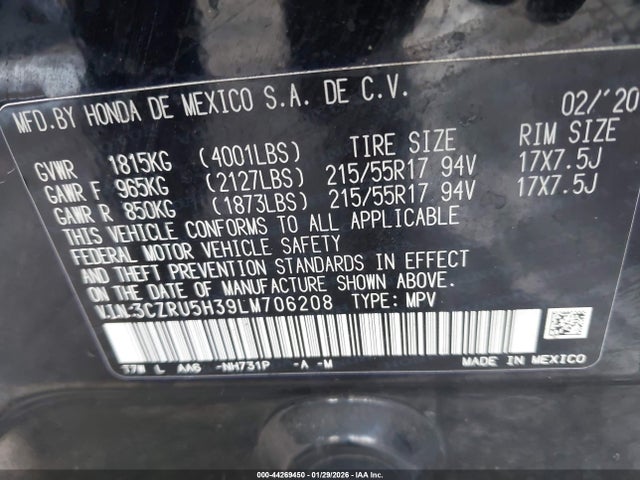 3CZRU5H39LM706208 Honda Hr-v 2wd Lx