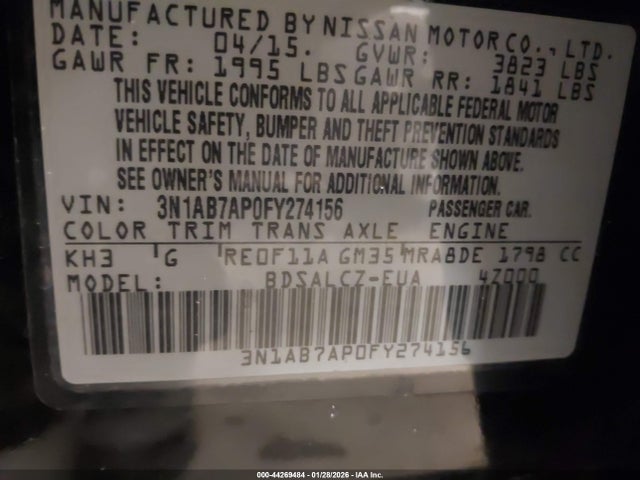 Продажа на аукционе авто 2015 Nissan Sentra S, vin: 3N1AB7AP0FY274156, номер лота: 44269484