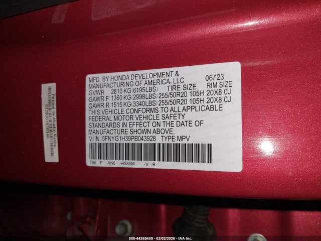 5FNYG1H39PB043928 Honda Pilot Awd Sport