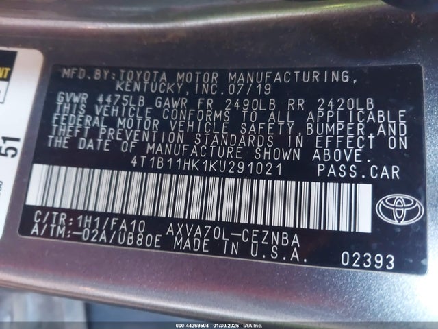 4T1B11HK1KU291021 Toyota CAMRY LE