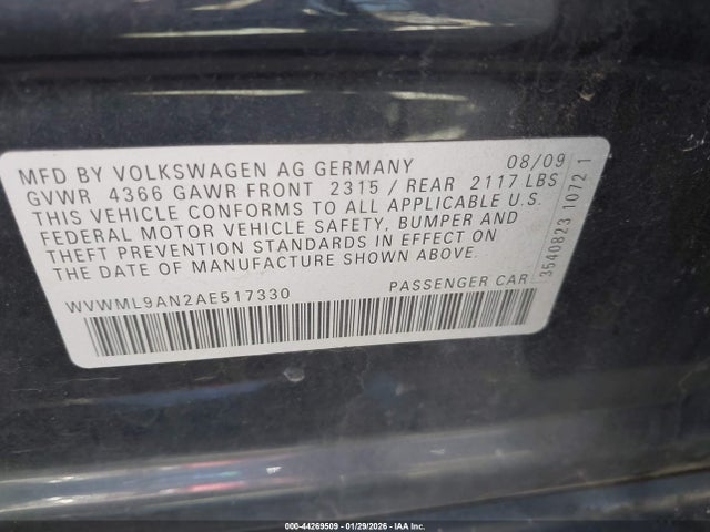 Aukcja sprzedaży 2010 Volkswagen Cc Sport, vin: WVWML9AN2AE517330, numer aukcji: 44269509