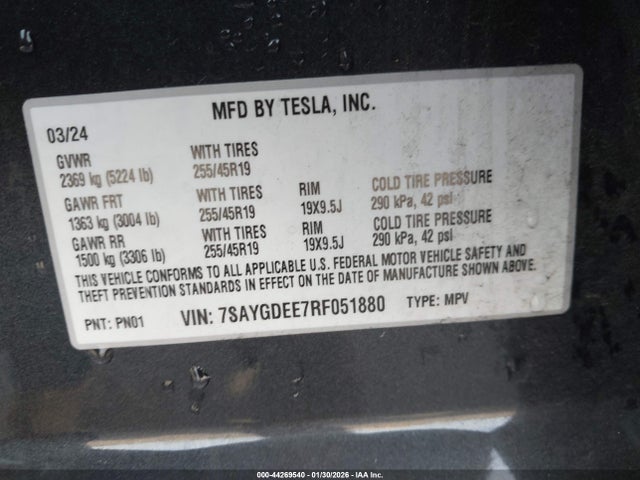 Aukcja sprzedaży 2024 Tesla Model Y Long Range Dual Motor All-wheel Drive, vin: 7SAYGDEE7RF051880, numer aukcji: 44269540
