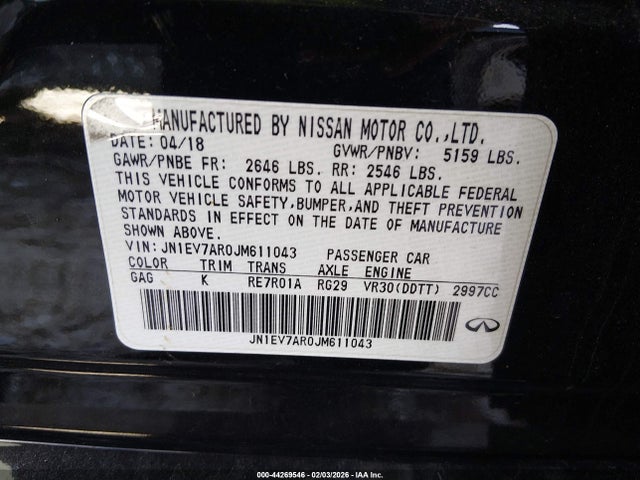 44269546 :رقم المزاد ، JN1EV7AR0JM611043 vin ، 2018 Infiniti Q50 3.0t Sport مزاد بيع