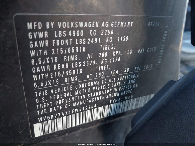 WVGBV7AX1FW512754 Volkswagen TIGUAN S