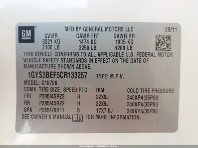 2012 Cadillac Escalade Luxury მანქანა იყიდება აუქციონზე, vin: 1GYS3BEF5CR133257, აუქციონის ნომერი: 44269693